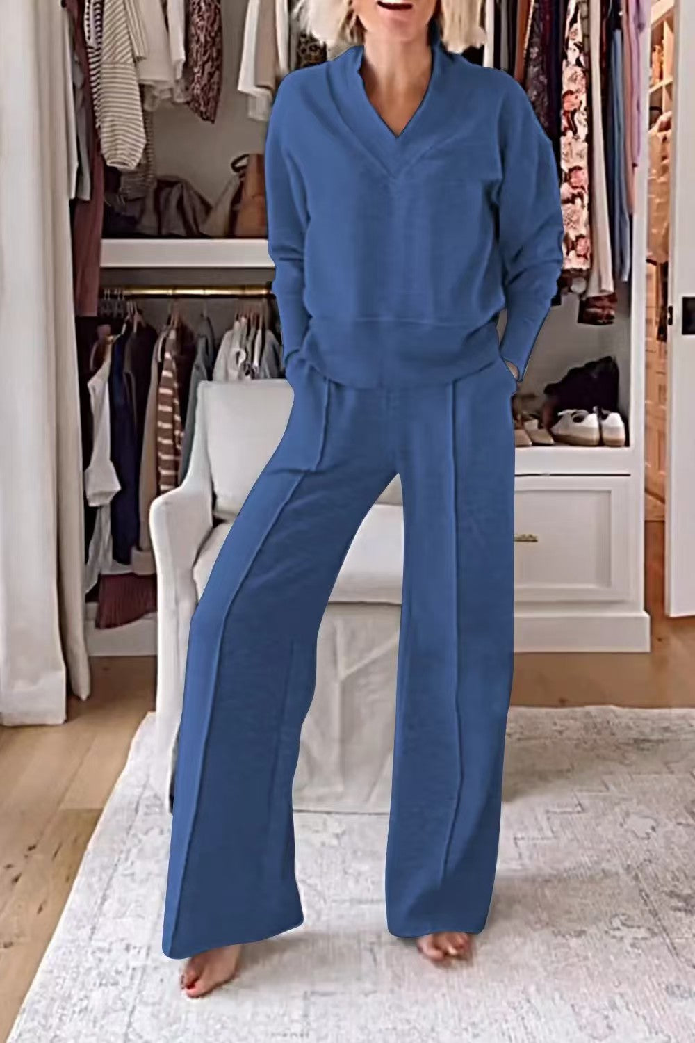 Damen Zweiteiliges Lounge-Set aus weichem Jersey mit V-Ausschnitt und weitem Palazzohosen-Schnitt Echo Archiv