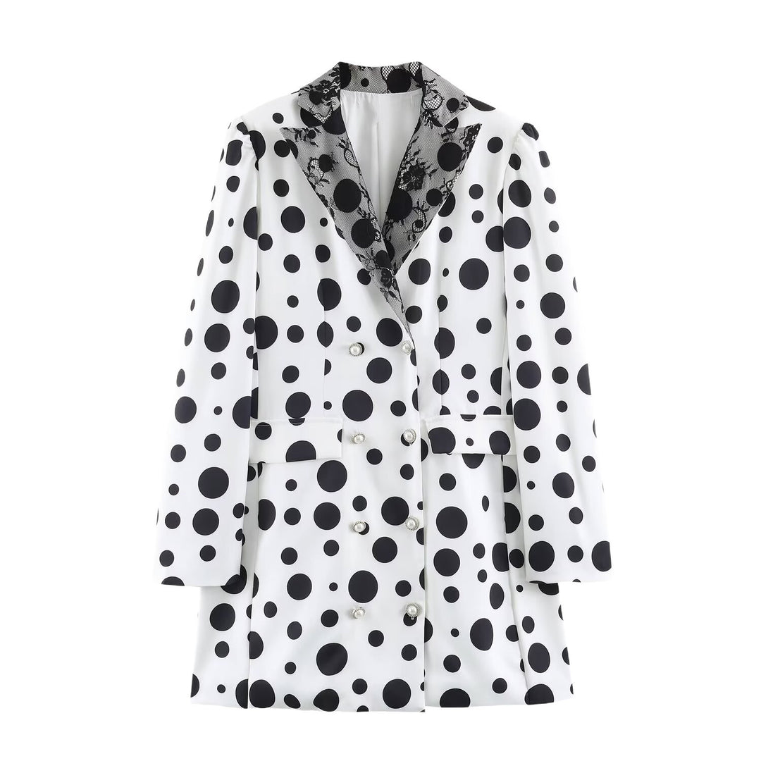 Damen Doppelreihiger Blazer im Polka‑Dot‑Design mit Spitzenbesetztem Revers Echoarchiv
