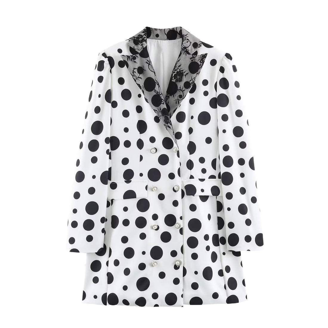 Damen Doppelreihiger Blazer im Polka‑Dot‑Design mit Spitzenbesetztem Revers Echoarchiv
