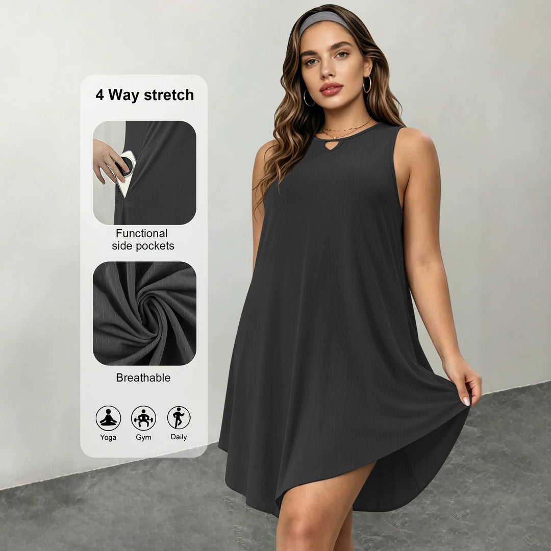 Damen Ärmelloses A-Linien-Midikleid mit seitlichen Eingrifftaschen und V-Ausschnitt echoarchiv-