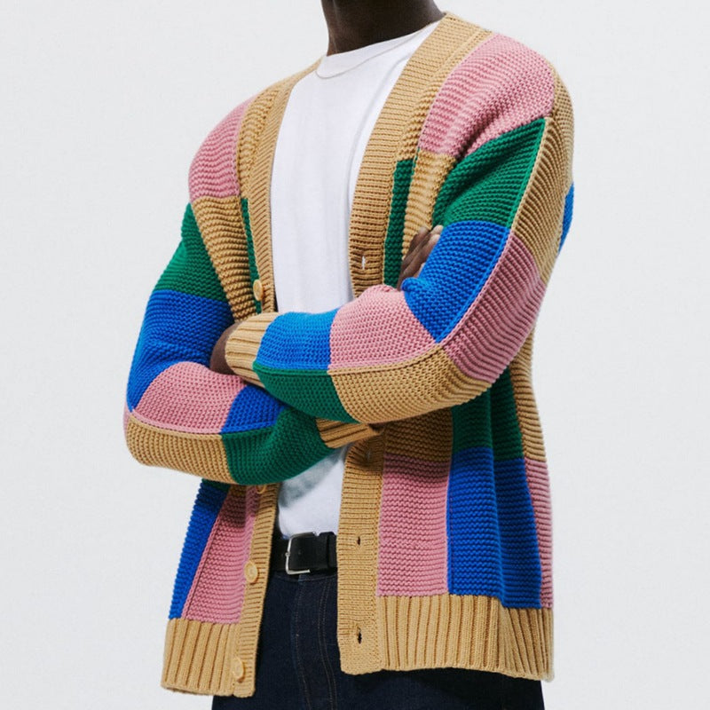 Herren gestreifter Strickcardigan mit bunten Farbblock-Design Echoarchiv