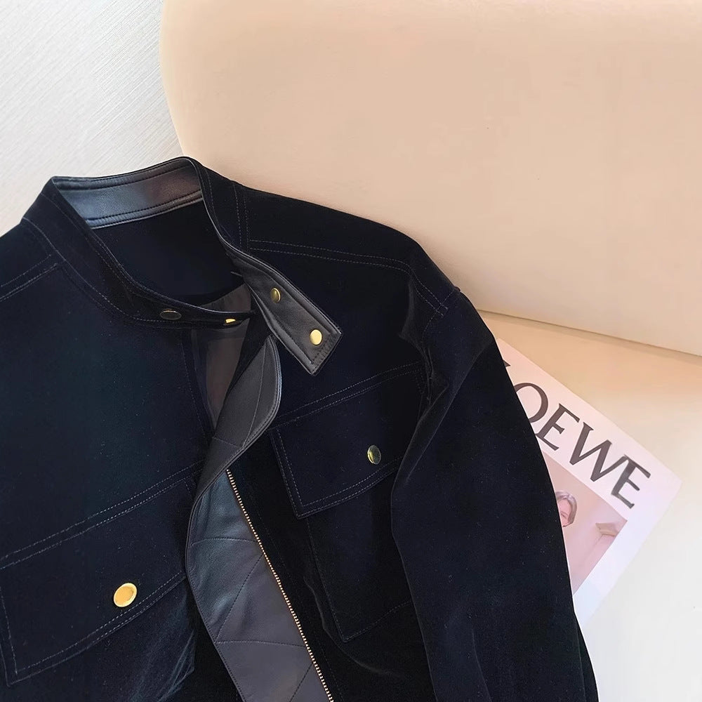 Damen Modische samtige Übergangsjacke mit Lederakzenten Echoarchiv