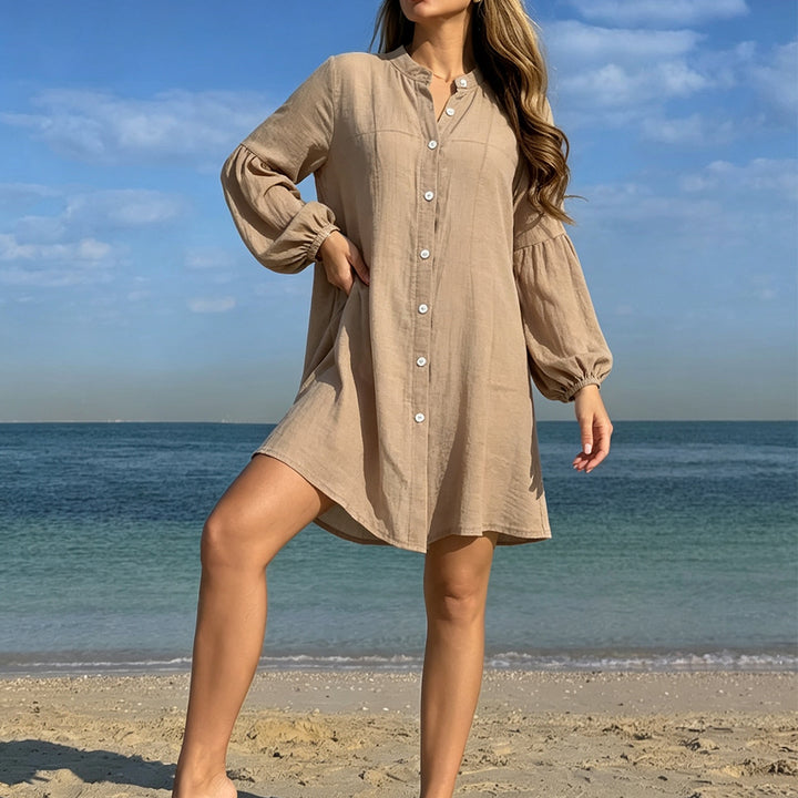 Damen lässiges Strandhemdkleid mit Knopfleiste und ballonförmigen Ärmeln Echo Archiv