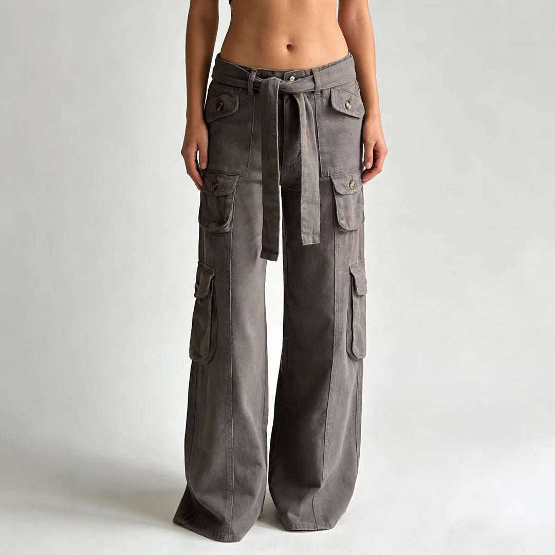 Damen nan weite Cargo-Hose mit hoher Taille, Bindegürtel und mehreren aufgesetzten Klappentaschen Echo Archiv
