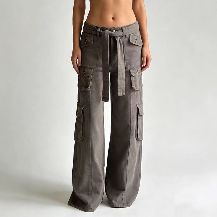 Damen nan weite Cargo-Hose mit hoher Taille, Bindegürtel und mehreren aufgesetzten Klappentaschen Echo Archiv