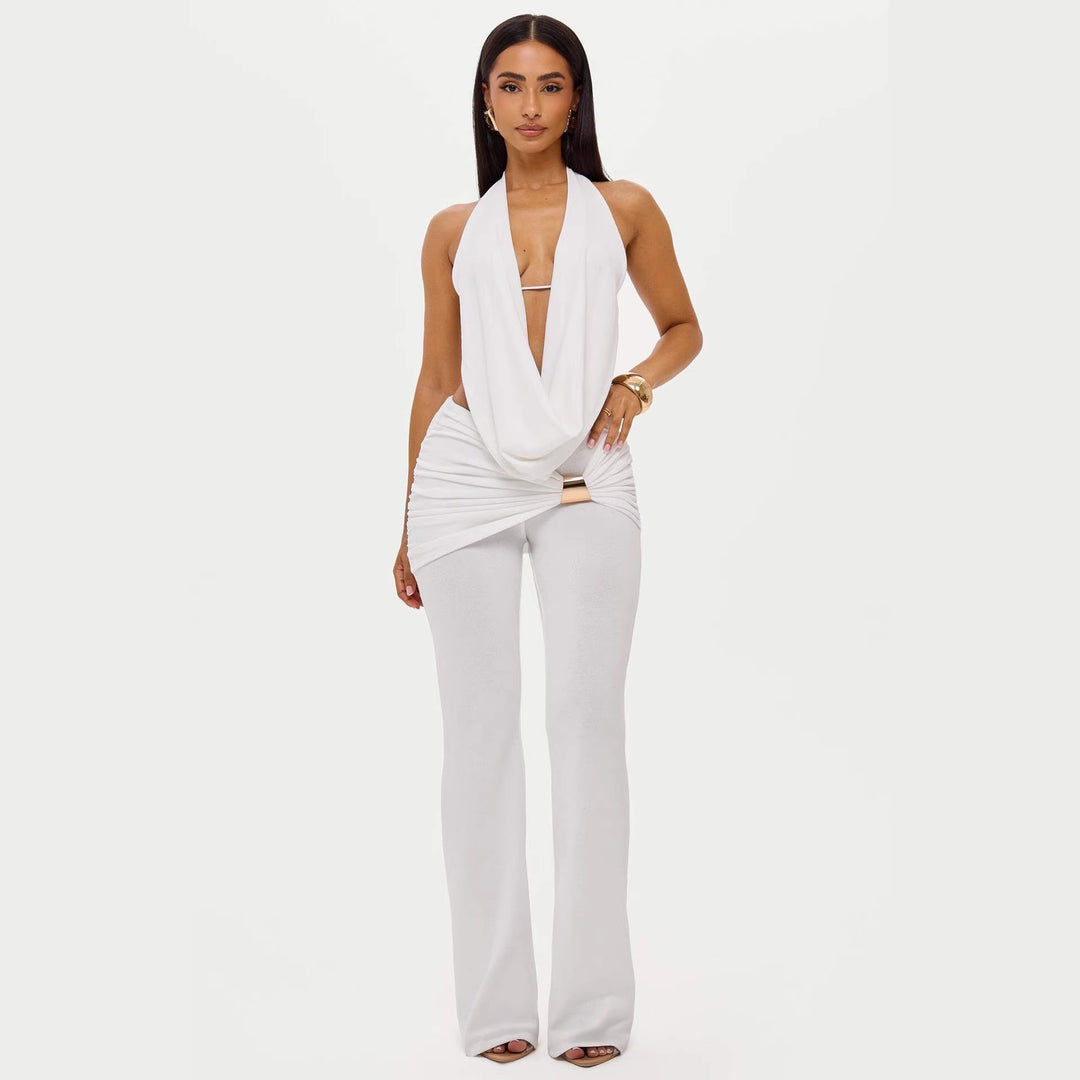 Damen elegantes, figurbetontes Jumpsuit mit tiefem Ausschnitt und weitem Bein Echo Archiv