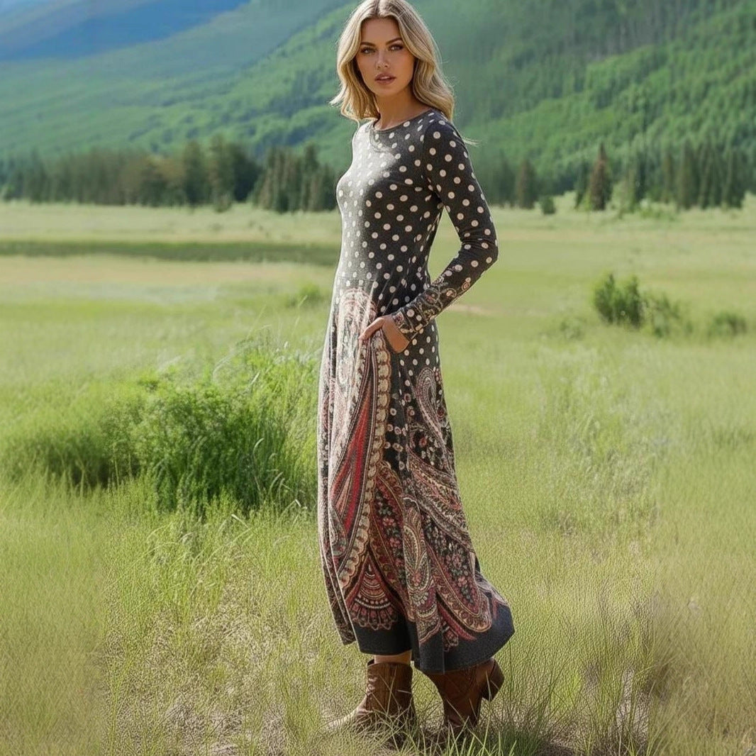 Damen Maxikleid mit Paisley‑ und Polka‑Dot‑Print, langärmeliges A‑Linien‑Jerseykleid – Valéora