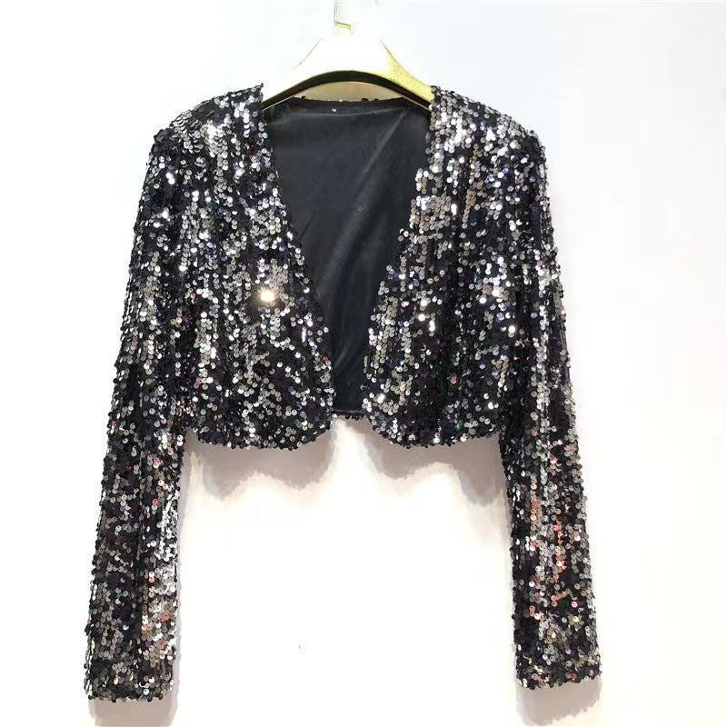 Damen Glitzernde Paillettenjacke mit Langem Arm und Offenem Schnitt Echoarchiv