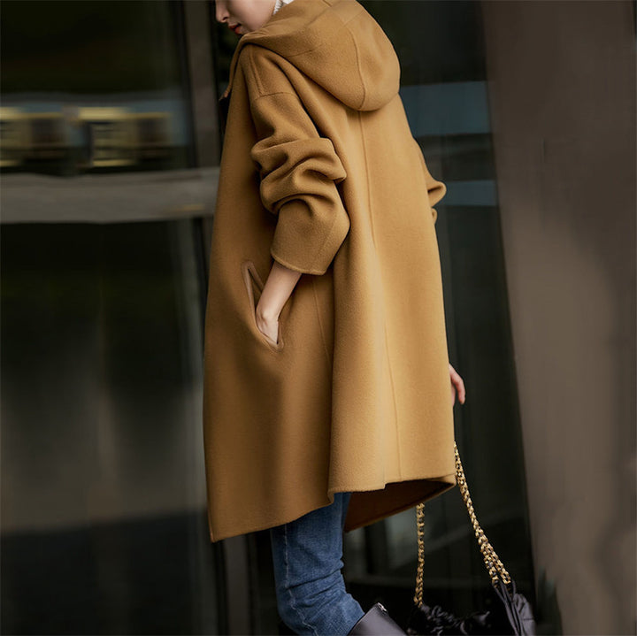 Damen nan midilanger Wollmixmantel mit Kapuze und Druckknopfleiste im Oversize-Schnitt Echo Archiv