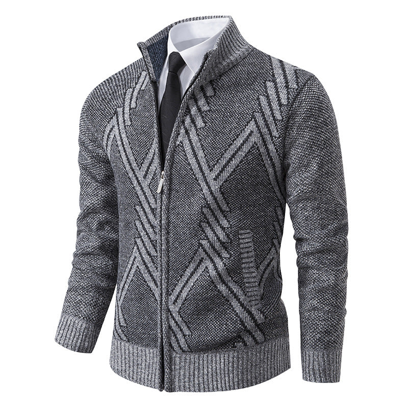 Herren Grobgestrickte Zip‑Strickjacke mit Stehkragen und geometrischem Strukturmuster Echo Archiv