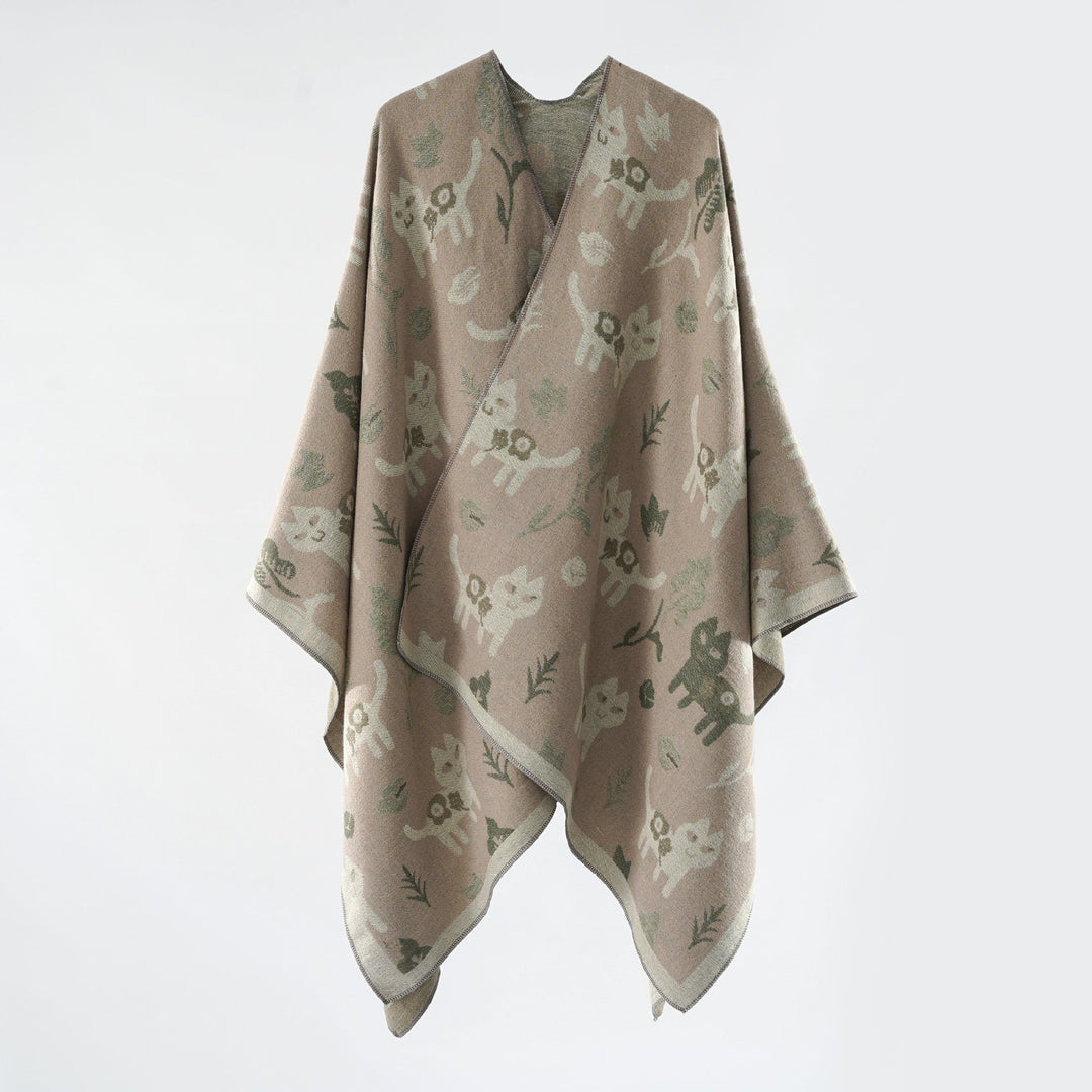 Damen Oversized Ruana im Jacquard mit Katzen- & Blumenmotiv Echo Archiv