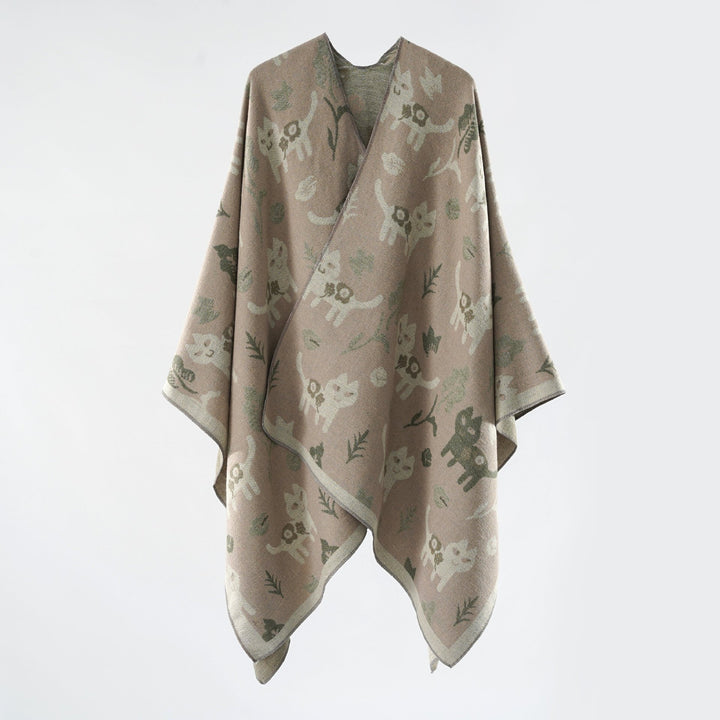Damen Oversized Ruana im Jacquard mit Katzen- & Blumenmotiv Echo Archiv