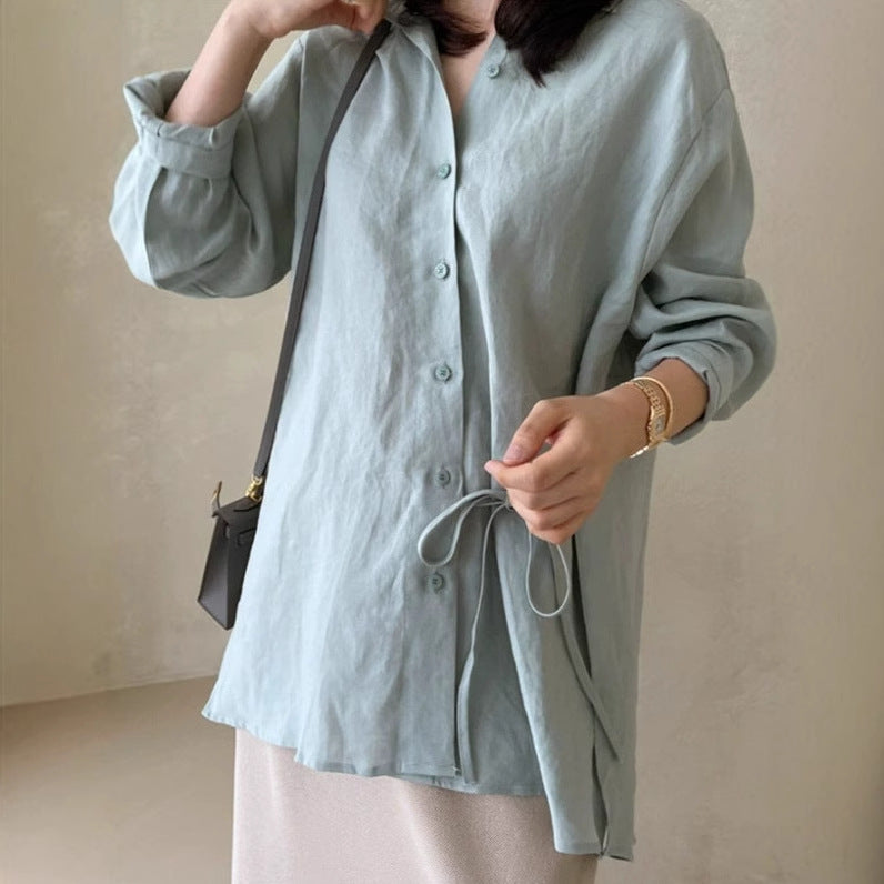 Damen Locker geschnittene Leinen‑Hemdbluse mit Stehkragen, Tunnelzug‑Taille und durchgehender Knopfleiste – Élovi