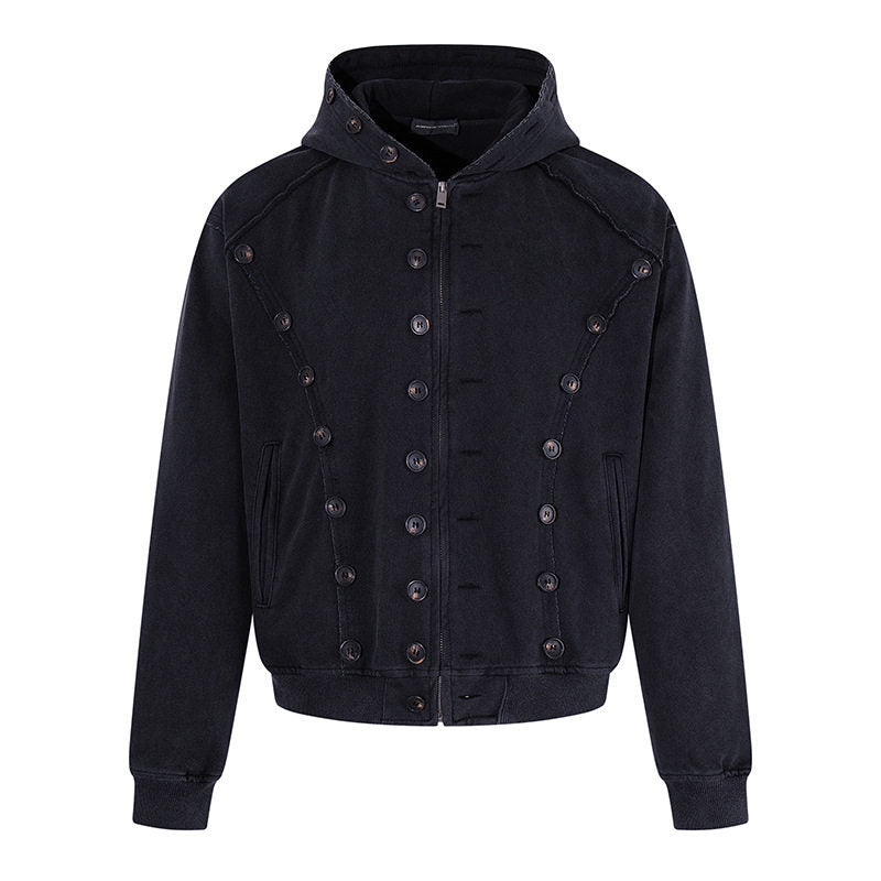 Herren Kapuzen-Zipjacke mit dekorischer Knopfreihe, vintage-inspirierter Waschung und elastischem Saum Echoarchiv