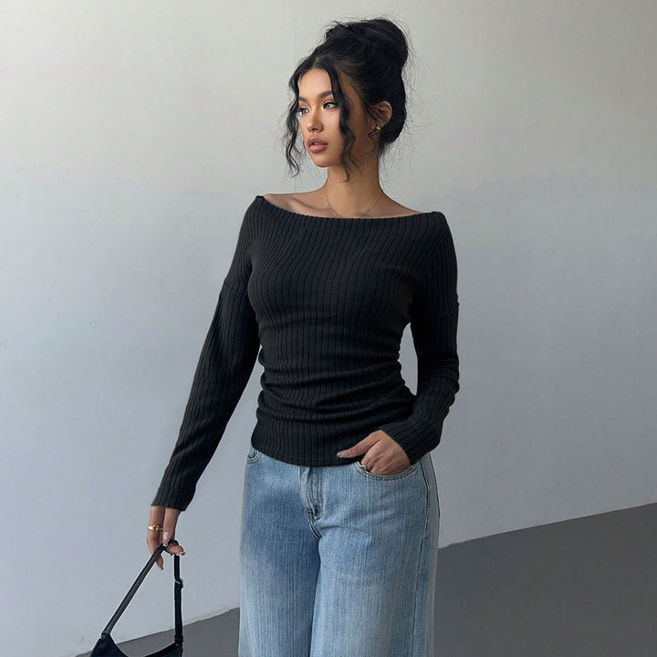 Damen schulterfreies geripptes Langarmshirt mit taillierter Raffung und figurbetontem Stretch – Avérine