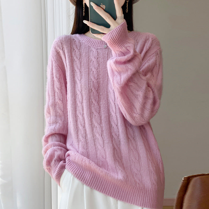 Damen Übergrößen Zopfmuster-Pullover im Mohair-Look mit geripptem Saum Echoarchiv