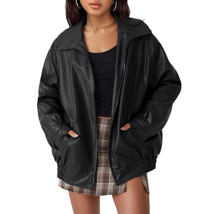 Damen Oversize Kunstleder Blouson mit Reißverschluss und elastischem Saum – Célinea