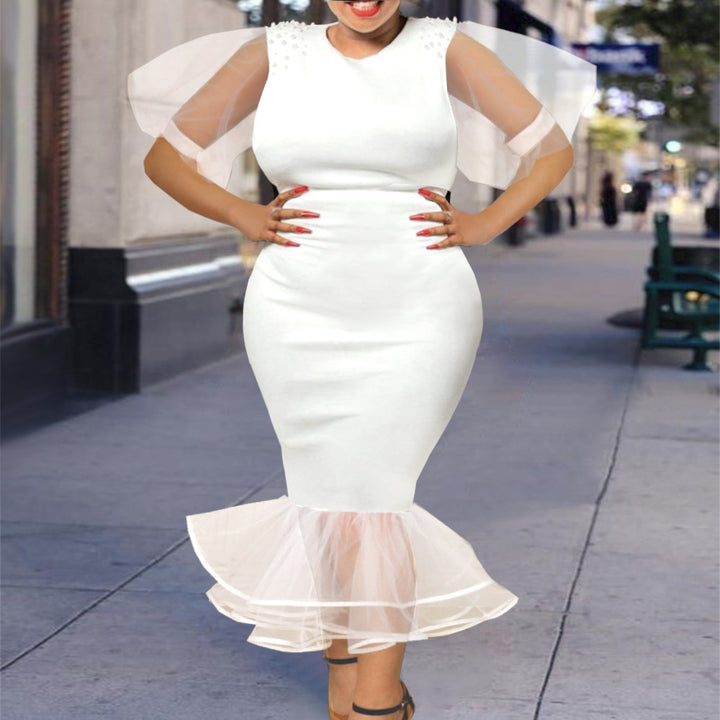 Damen Elegantes Maxikleid mit voluminösen Tüllärmeln und Rüschensaum Echo Archiv