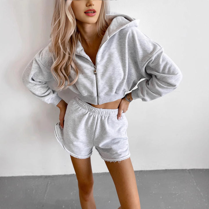 Damen Cropped-Zipper-Kapuzenjacke mit taillenhohen Fransen-Shorts Lounge-Set – Auréline