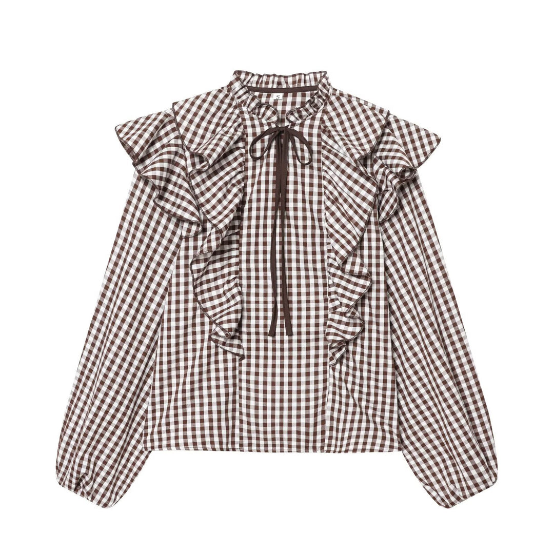 Damen Rüschenshirt mit klassischen Karomuster und eleganten Bindebändern Echo Archiv