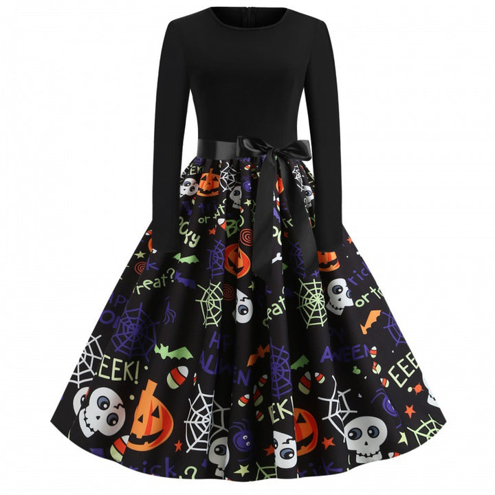 Damen Swingkleid mit Halloween-Print, taillierter Satin-Schärpe und langem Ärmel – Élara