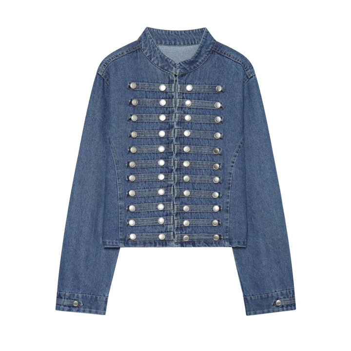 Damen Kurz geschnittene Denimjacke im Militärstil mit Stehkragen und Zierknopfreihen Echo Archiv