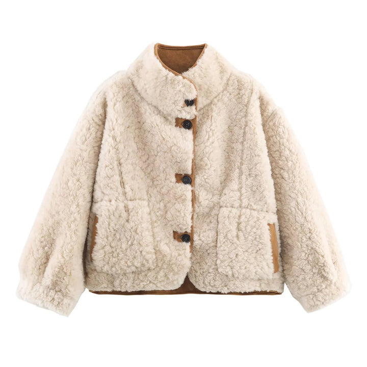 Damen kurze Oversize Lammfelloptik Jacke mit Schalkragen und großen aufgesetzten Taschen – Célinea