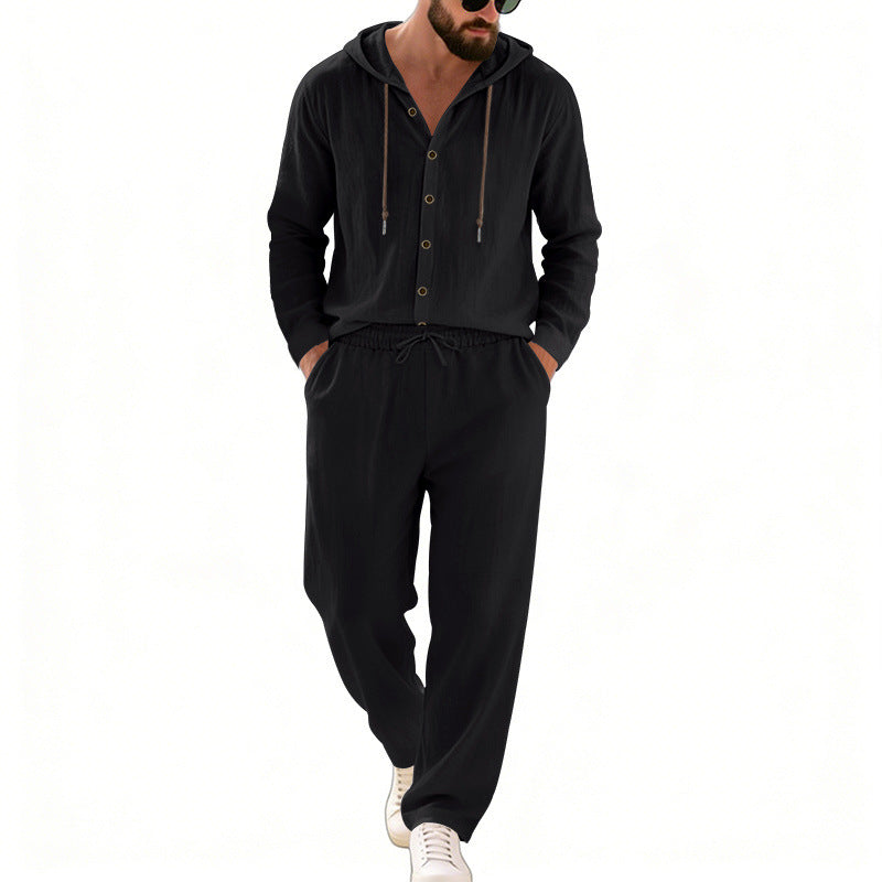 Herren nan legeres Kapuzen-Lounge-Set mit Knopfleiste, Kordelbundhose und seitlichen Eingrifftaschen Echo Archiv