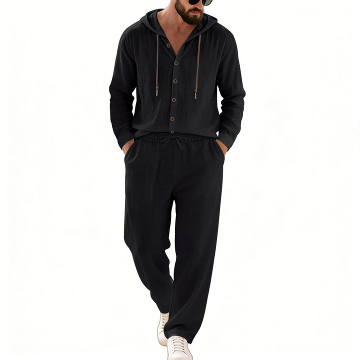 Herren nan legeres Kapuzen-Lounge-Set mit Knopfleiste, Kordelbundhose und seitlichen Eingrifftaschen Echo Archiv