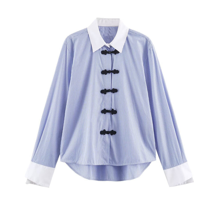 Damen Oversize-Hemdbluse mit Froschknopf-Verschlüssen und Kontrastkragen Echo Archiv
