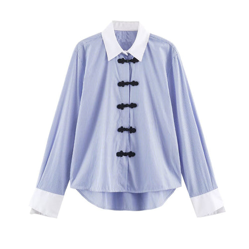 Damen Oversize-Hemdbluse mit Froschknopf-Verschlüssen und Kontrastkragen Echo Archiv