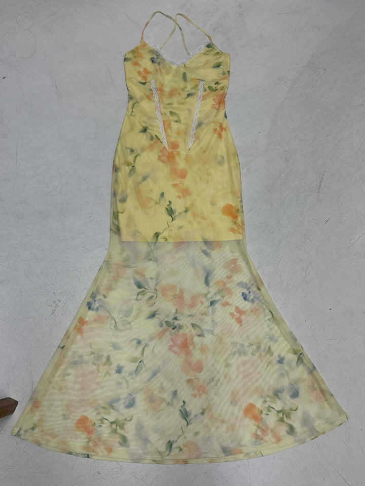 Damen Blumen Maxikleid mit raffinierten Spaghettiträgern und Spitzen-Akzenten Echo Archiv