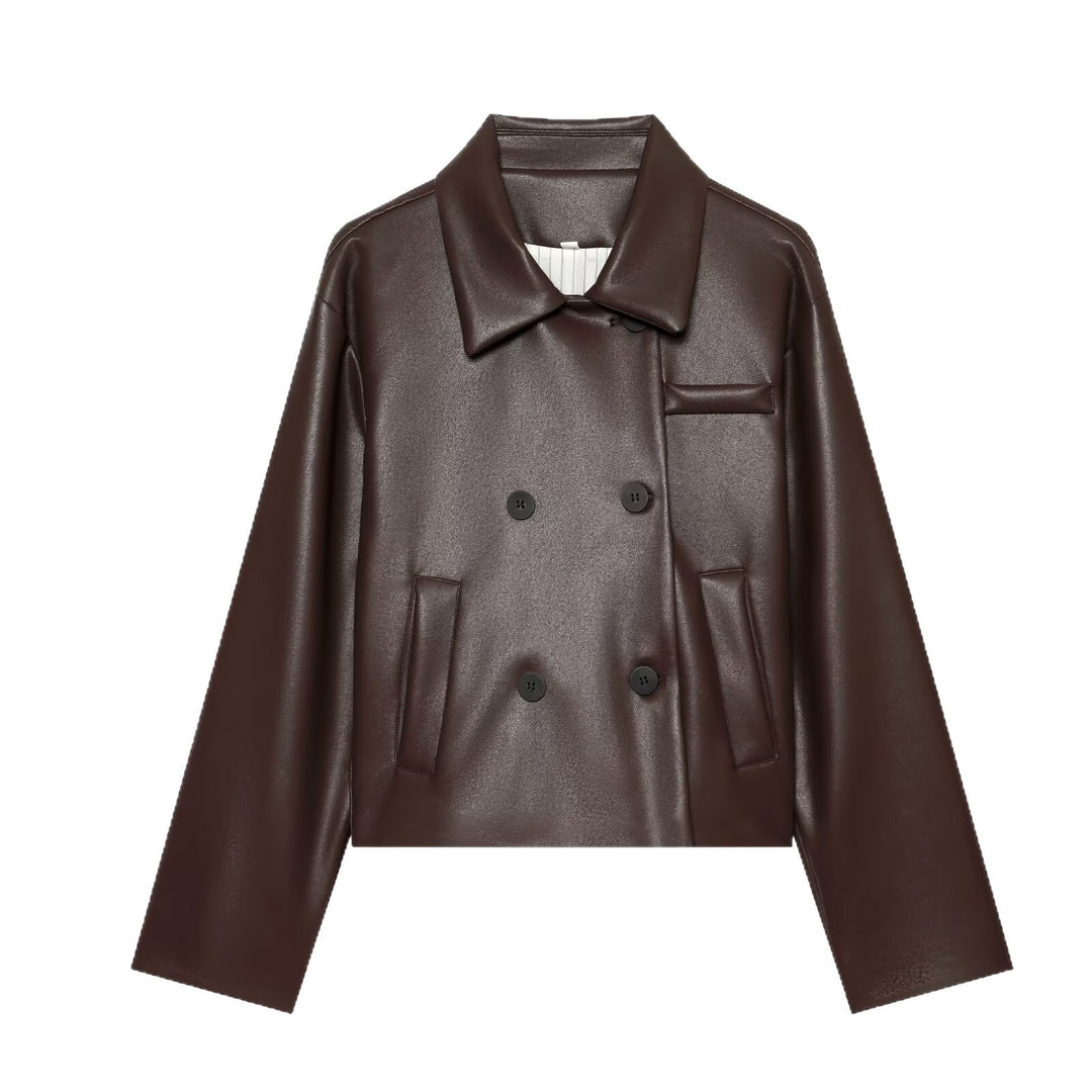 Damen Kurz geschnittene doppeltreihige Kunstlederjacke im Boxy‑Schnitt mit Hemdkragen Echoarchiv