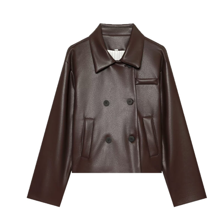 Damen Kurz geschnittene doppeltreihige Kunstlederjacke im Boxy‑Schnitt mit Hemdkragen Echoarchiv