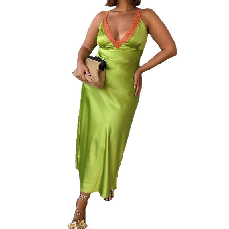 Damen Elegantes Satin-Maxikleid mit transparenter Spitze Echo Archiv