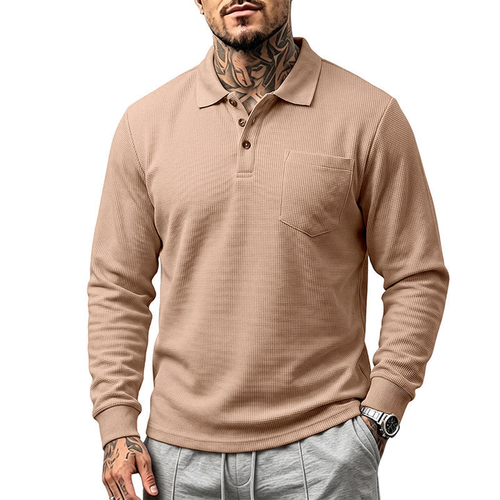 Herren Waffelstruktur-Poloshirt mit Brusttasche und Holzknöpfen Echoarchiv