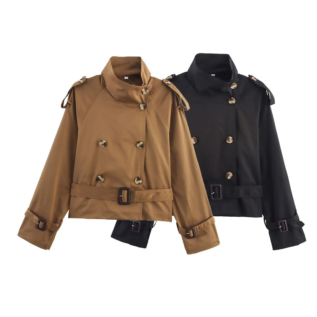 Damen kurz geschnittener Trenchcoat im Cropped-Stil mit doppelreiher, Schulterklappen und Taillengürtel – Montévia