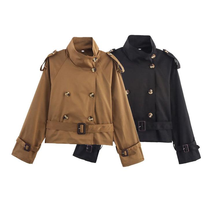 Damen kurz geschnittener Trenchcoat im Cropped-Stil mit doppelreiher, Schulterklappen und Taillengürtel – Montévia