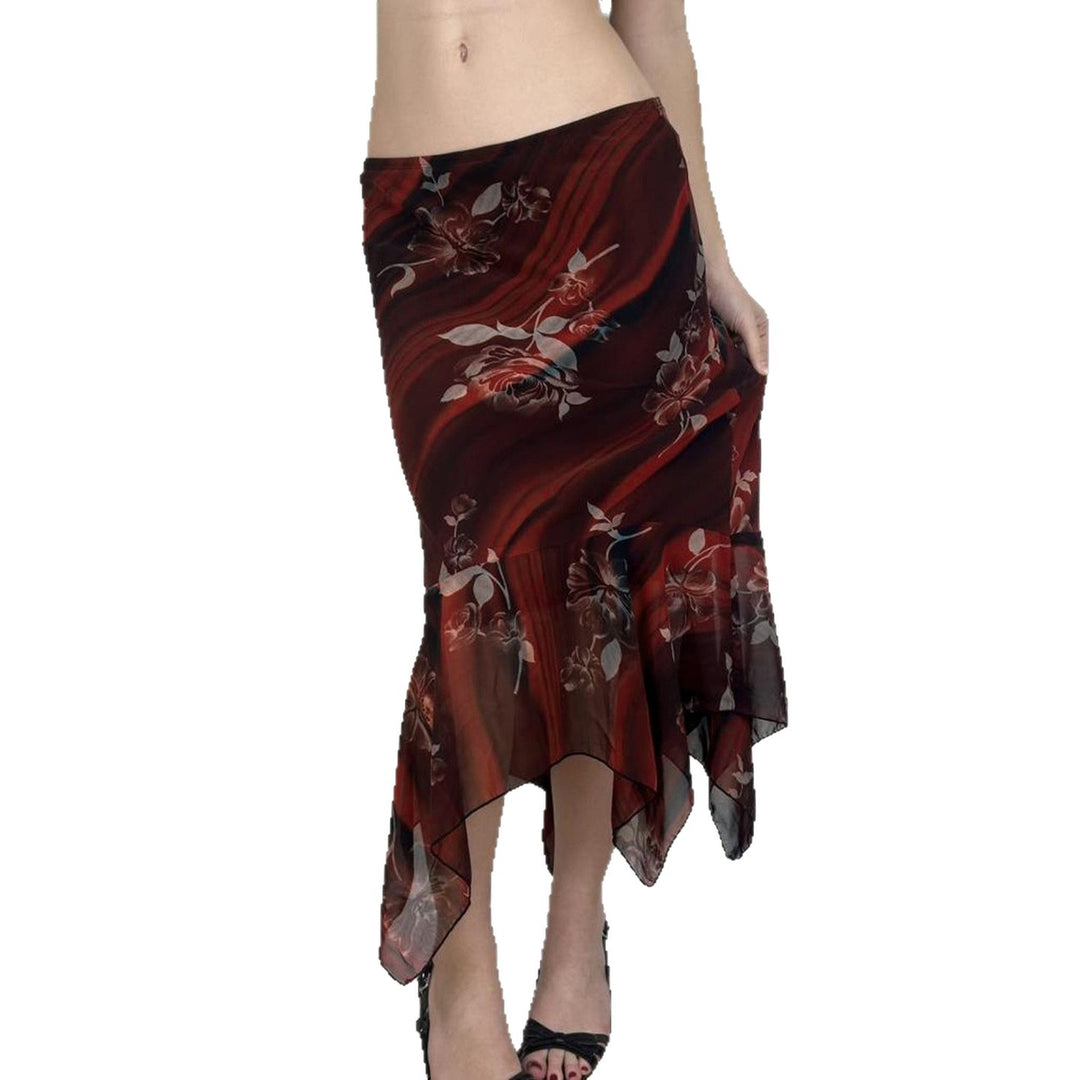 Damen Asymmetrischer Mesh-Midirock mit Volantstufen und floralem Muster Echo Archiv