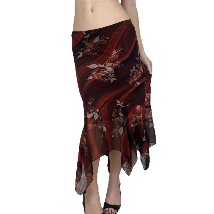 Damen Asymmetrischer Mesh-Midirock mit Volantstufen und floralem Muster Echo Archiv