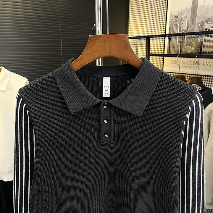 Herren Strick-Poloshirt mit kontrastgestreiften Ärmeln und feiner Struktur Echoarchiv