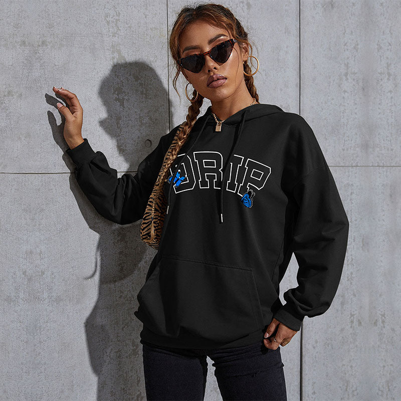 Damen Oversize-Kapuzenpullover mit Kängurutasche und Schmetterling-Stickerei Echoarchiv
