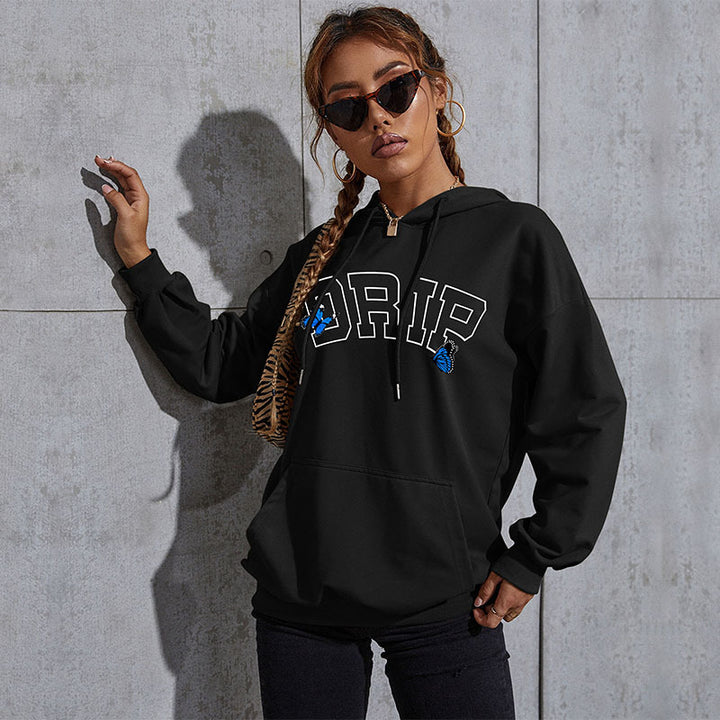 Damen Oversize-Kapuzenpullover mit Kängurutasche und Schmetterling-Stickerei Echoarchiv