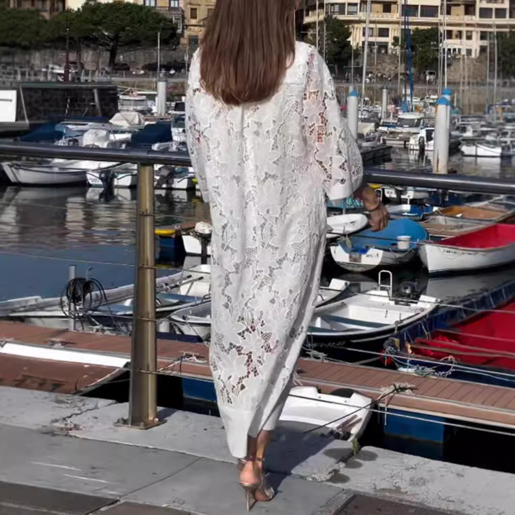 Damen nan luftiges Spitzen-Maxikleid mit floraler Ajourstickerei, lockerem Kimonoärmelschnitt und leichtem Unterkleid Echo Archiv