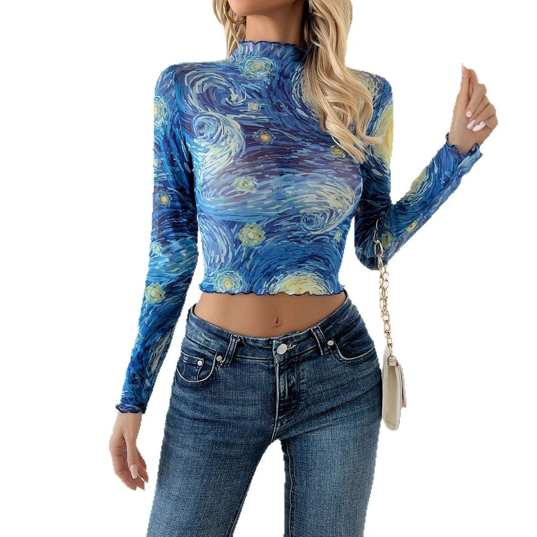 Damen nan eng anliegendes bauchfreies Netzshirt mit Stehkragen und welligem Saum Echo Archiv