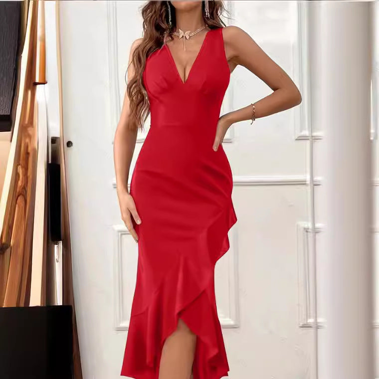 Damen Midikleid mit V-Ausschnitt und asymmetrischem Rüschensaum Echo Archiv