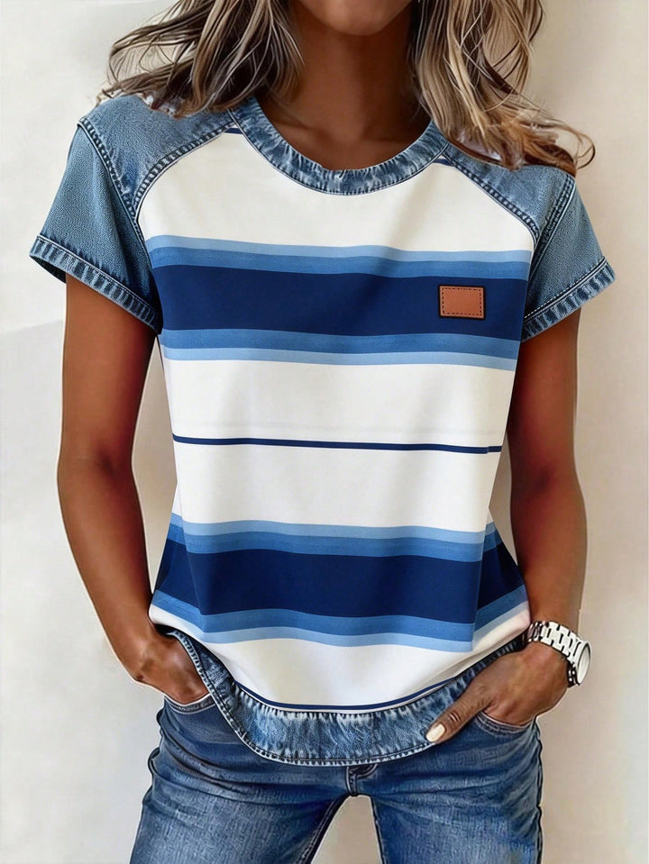 Damen Kurzarmshirt mit Jeans-Einsätzen und Teddy-Patchprint Echo Archiv