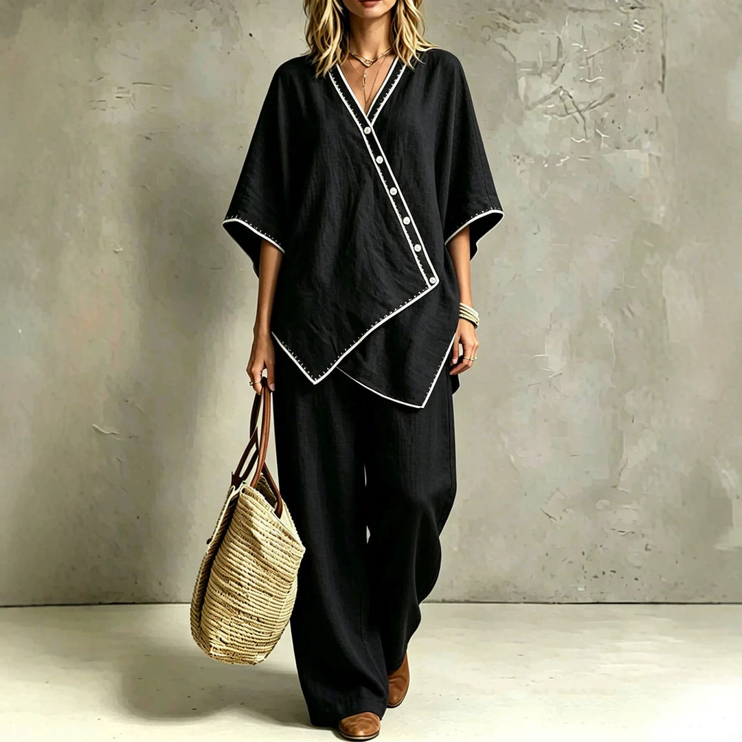 Damen Asymmetrisches Tunika-Loungewear-Set mit diagonaler Knopfleiste und weiter Palazzohose – Élanora