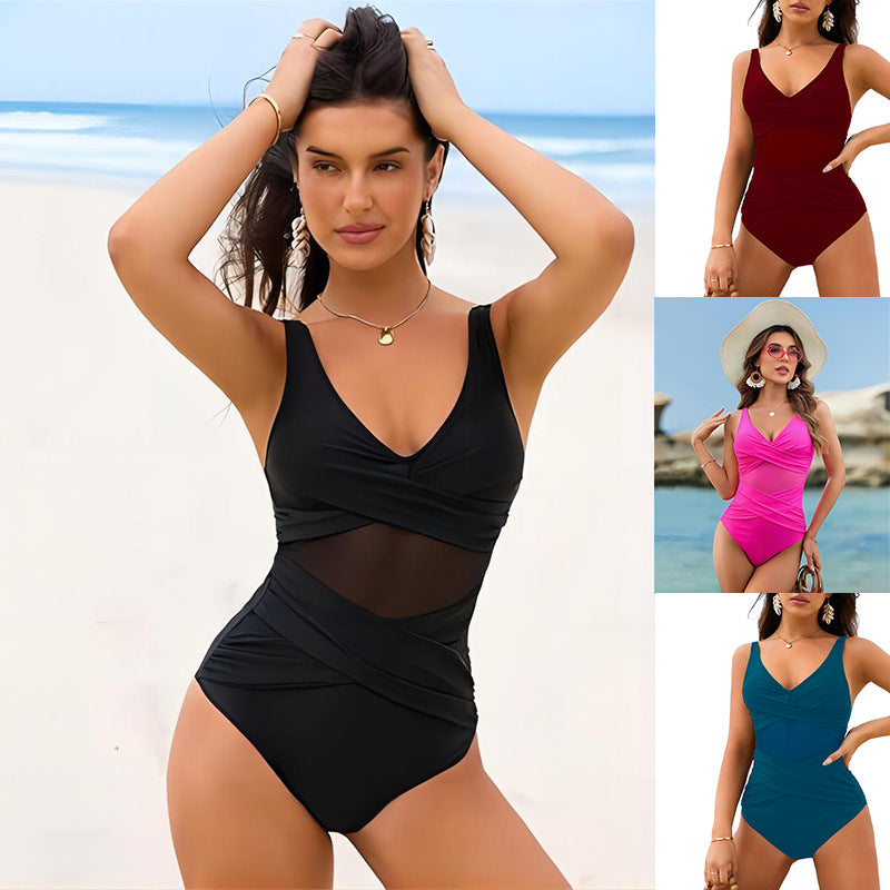 Damen Einteiler Badeanzug mit raffiniertem Wickeldesign und elastischen Einsätzen Echo Archiv