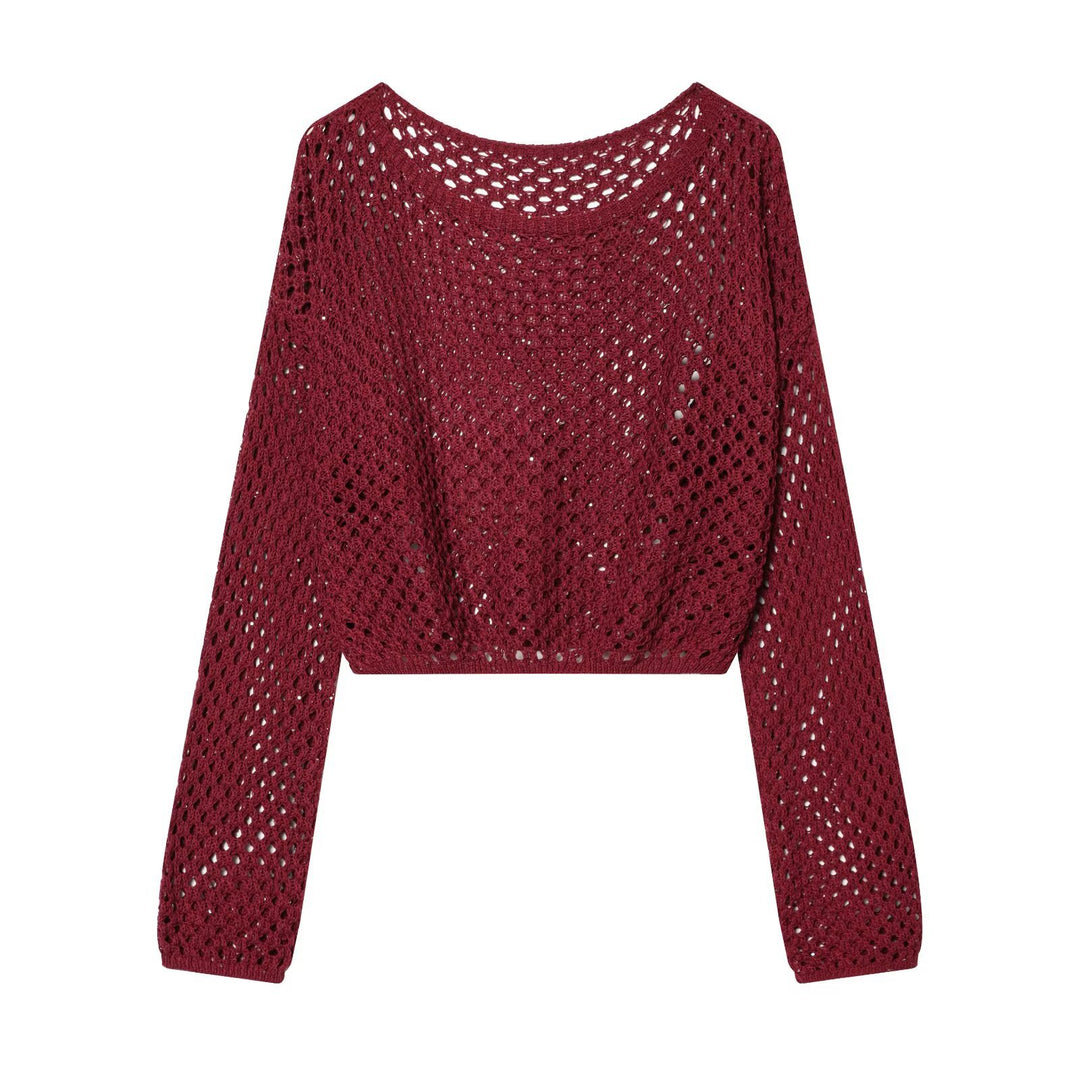 Damen Kurzgeschnittener Häkelpullover mit Lochmuster und weitem Ausschnitt Echo Archiv